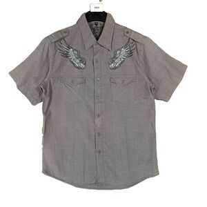 Vercho Men's Gray Short Sleeve Shirt Y2K Wing Embroidery Button Down M